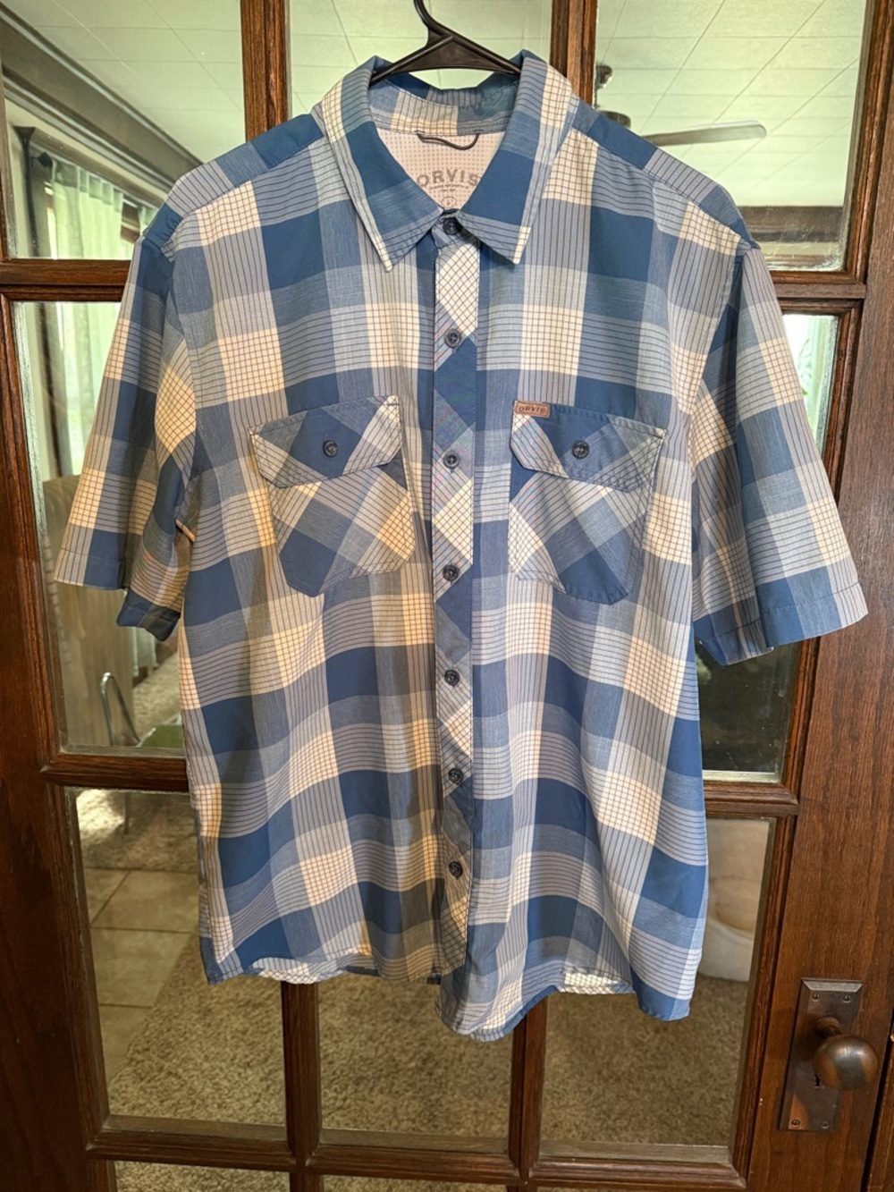 Orvis Mens Blue White Plaid Short Sleeve Button Down Shirt Mesh Yoke Large‎